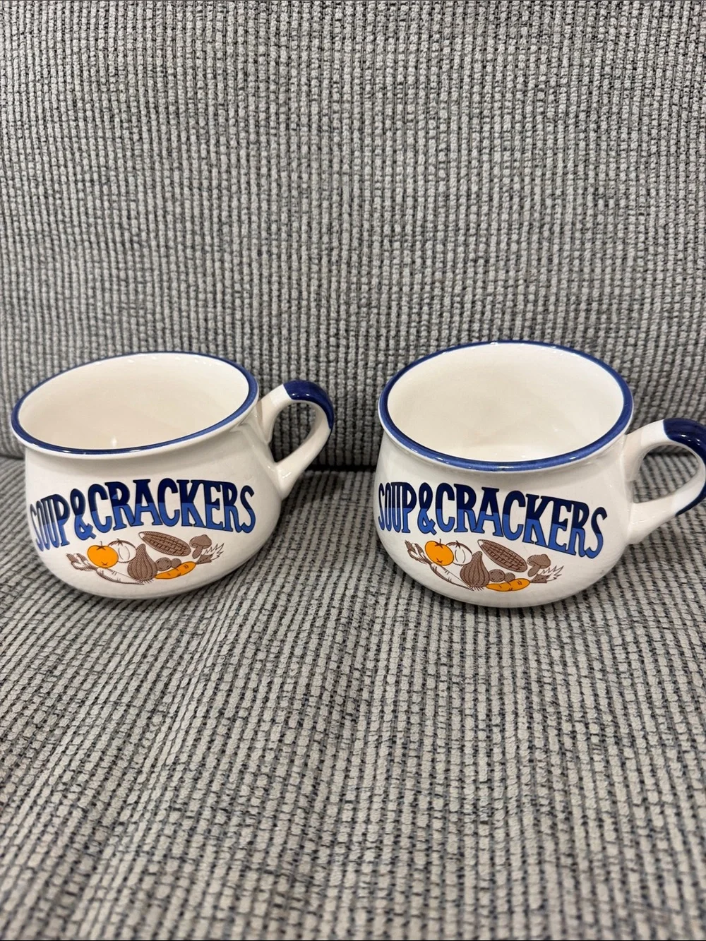 Vintage Blue Trim 'Soup & Crackers' Ceramic Soup Mug - White and Blue set of 2